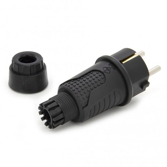 Black rubber plug IP54, 250v 16a for cable, Uni-Schuko (double grounding), 2P+E, REF, Bylion