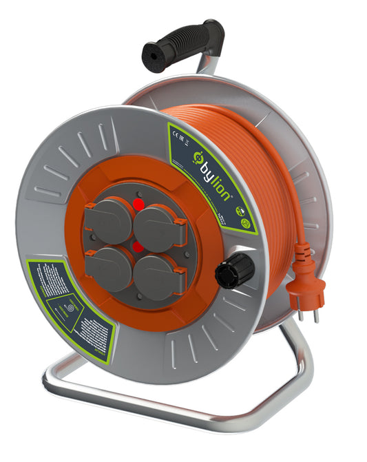 Professional metal reel with 3x2.5 mm2 copper cable, IP44 with overload protection, current 16 A, Schuko type with 4 sockets, length 50 m, cable color: orange