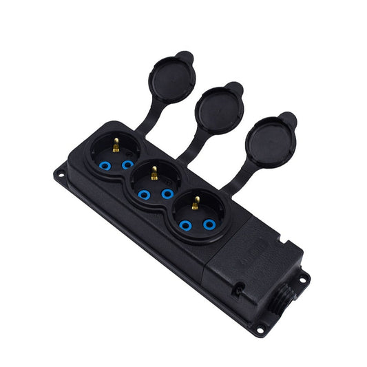 Triple "rubber" socket black with cover hermetic IP44 250V, 16A, SCHUKO 2P+Z, 3KMP-F, Bylion