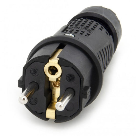 Black rubber plug IP54, 250v 16a for cable, Uni-Schuko (double grounding), 2P+E, REF, Bylion