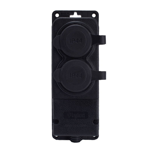 Double rubber socket black hermetic surface-mounted 250V, 16A, IP44, SCHUKO 2P+Z, 2KMP-F, Bylion