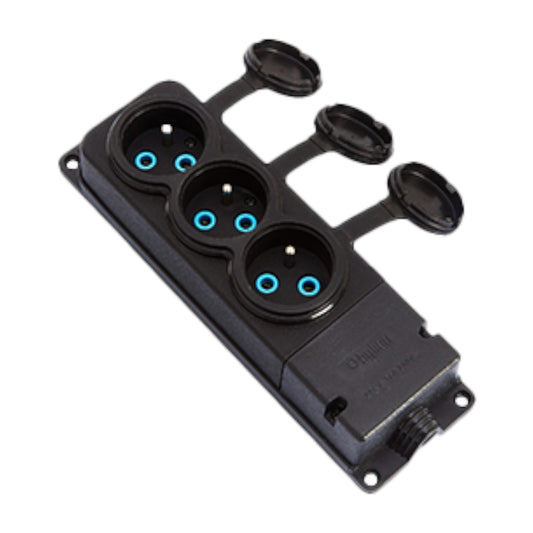 Socket 3x, French type E, triple "rubber" black with hermetic cover IP44 250V, 16A, 2P+Z, 3KMP-E, Bylion