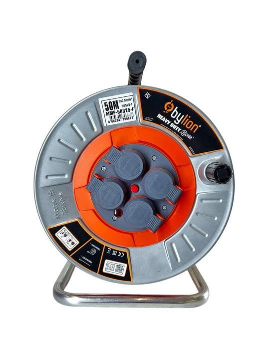 Professional metal winch with 3x2.5 mm2 copper cable, IP44 with overload protection, current 16 A, French type with 4 sockets, length 50 m, cable color: orange