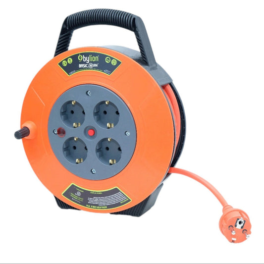 Compact retractable extension cord / cable reel, 10m 4 sockets IP20, thermal protection / child safety, 3x1mm2, SCHUKO type, PKE-10310-F