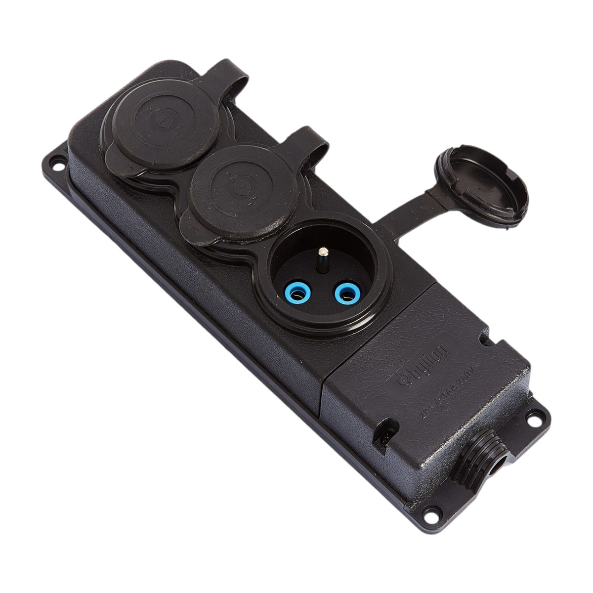Socket 3x, French type E, triple "rubber" black with hermetic cover IP44 250V, 16A, 2P+Z, 3KMP-E, Bylion