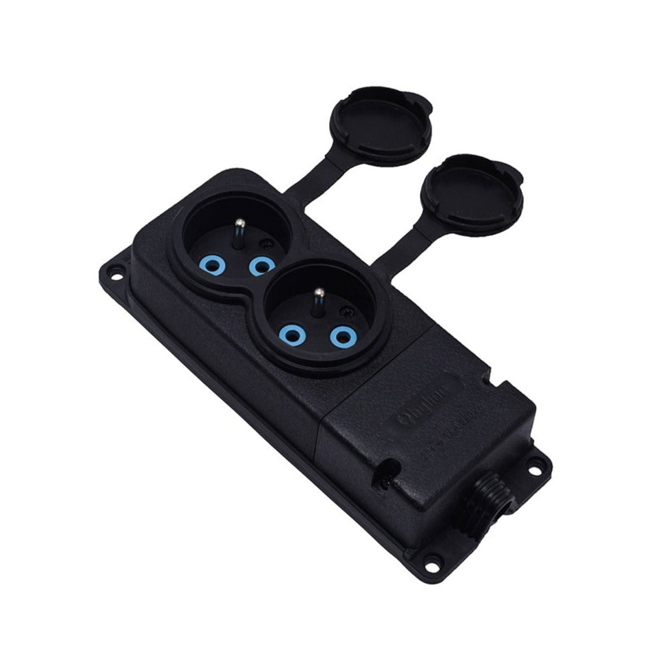 Double rubber black hermetic surface-mounted socket 250V, 16A, IP44, French type E 2P+Z, 2KMP-E, Bylion
