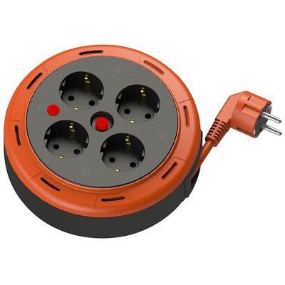Compact cassette reel extension cord, 5m cable with 4 sockets IP20 + thermal fuse + child safety fuse, 3x1mm2, SCHUKO type grounding, PHE-05310-F