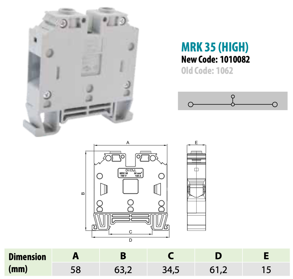 ONKA 35mm2 Terminal strip screw connector DIN rail 2-wire gray, 1010082