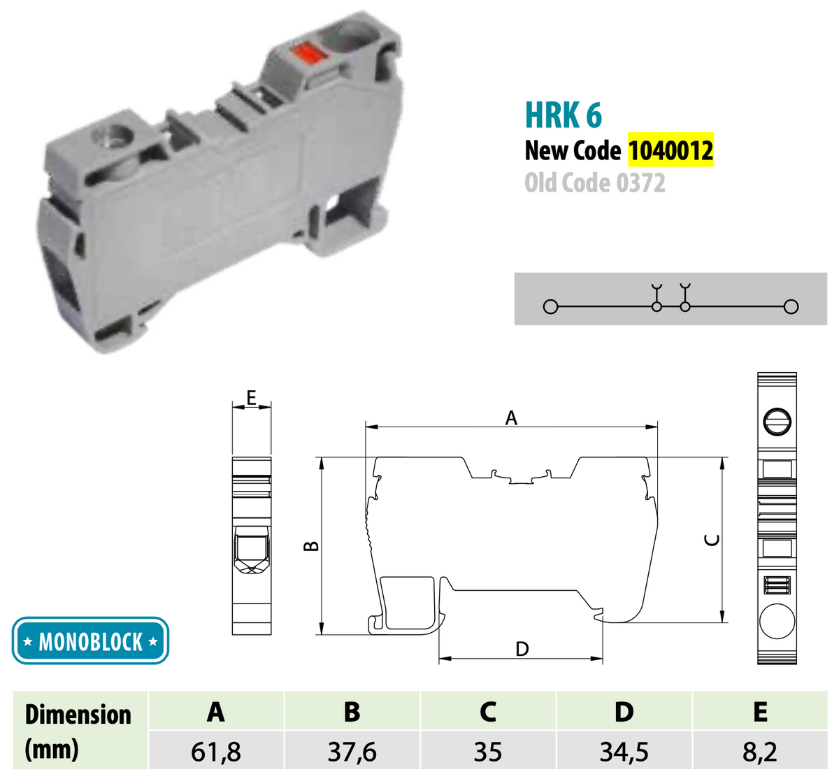 ONKA 6mm2 Hybrid screw connection/spring rail DIN rail terminal block 2-wire gray, 1040012