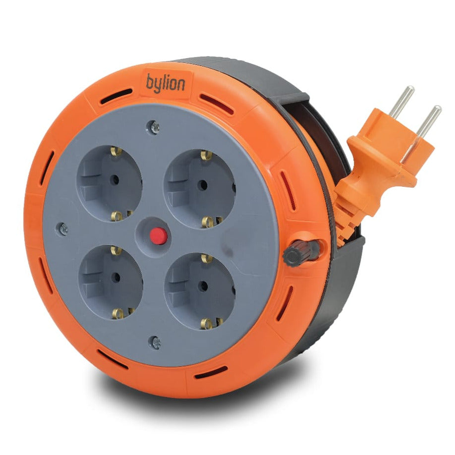 Compact cassette reel extension cord, 5m cable with 4 sockets IP20 + thermal fuse + child safety fuse, 3x1mm2, SCHUKO type grounding, PHE-05310-F
