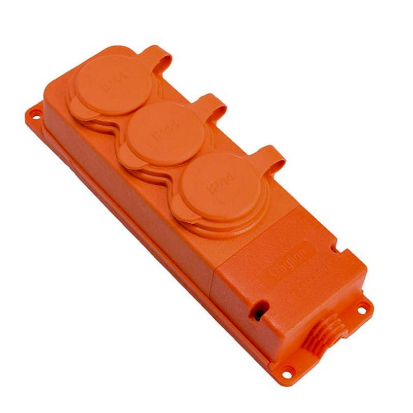 3x socket, French type E, triple "rubber" orange socket with hermetic cover IP44 250V, 16A, 2P+Z, 3KMP-E-O, Bylion