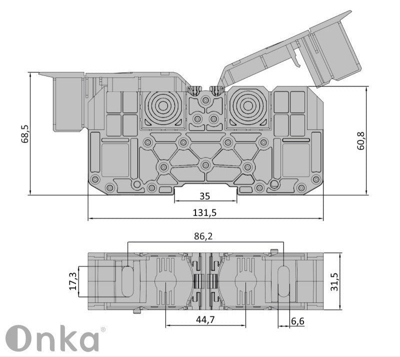 ONKA 70mm2 M8 Screw connection for DIN rail with protective cover, blue, 1030048