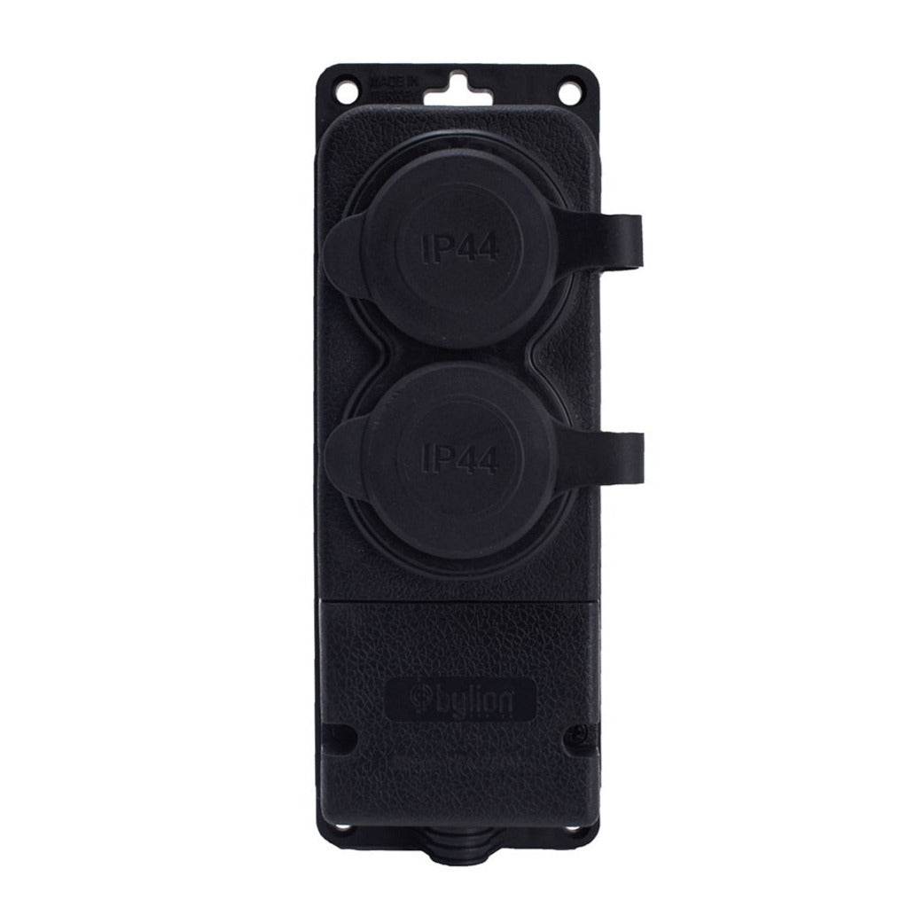 Double rubber socket black hermetic surface-mounted 250V, 16A, IP44, SCHUKO 2P+Z, 2KMP-F, Bylion
