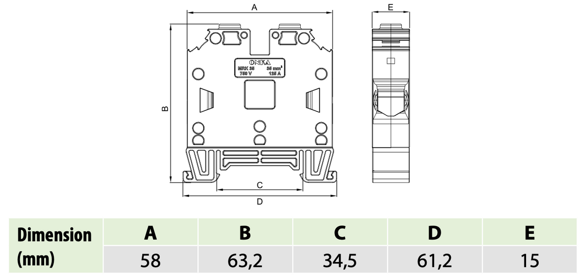 ONKA 35mm2 Terminal strip screw connector DIN rail 2-core blue, 1010085