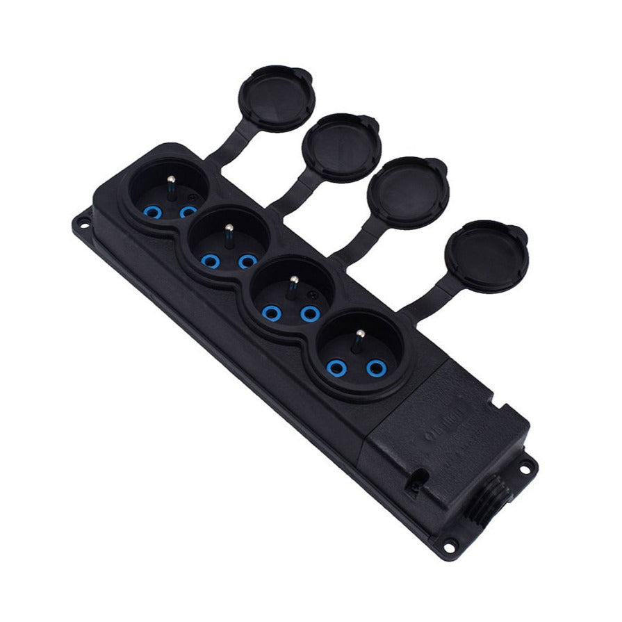 4x "rubber" socket black with hermetic cover IP44, 250V, 16A, 2P+Z, French type E,4KMP-E, Bylion
