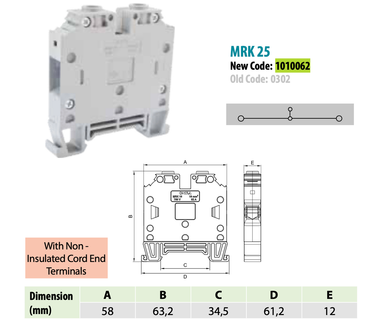 ONKA 25mm2 Terminal strip screw connection on DIN rail 2-core gray, 1010062