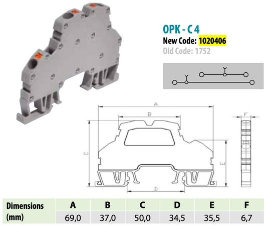 ONKA 4mm2, 2-level spring terminal block connector DIN rail 4-wire gray, 1020406