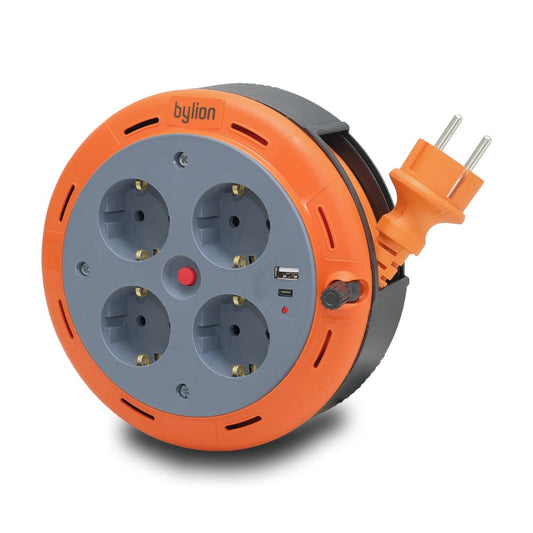 Compact cassette reel extension cord, 5m cable with 4 sockets IP20 + USB + thermal fuse + child safety fuse, 3x1mm2, SCHUKO type grounding, PHE-05310-F-USB
