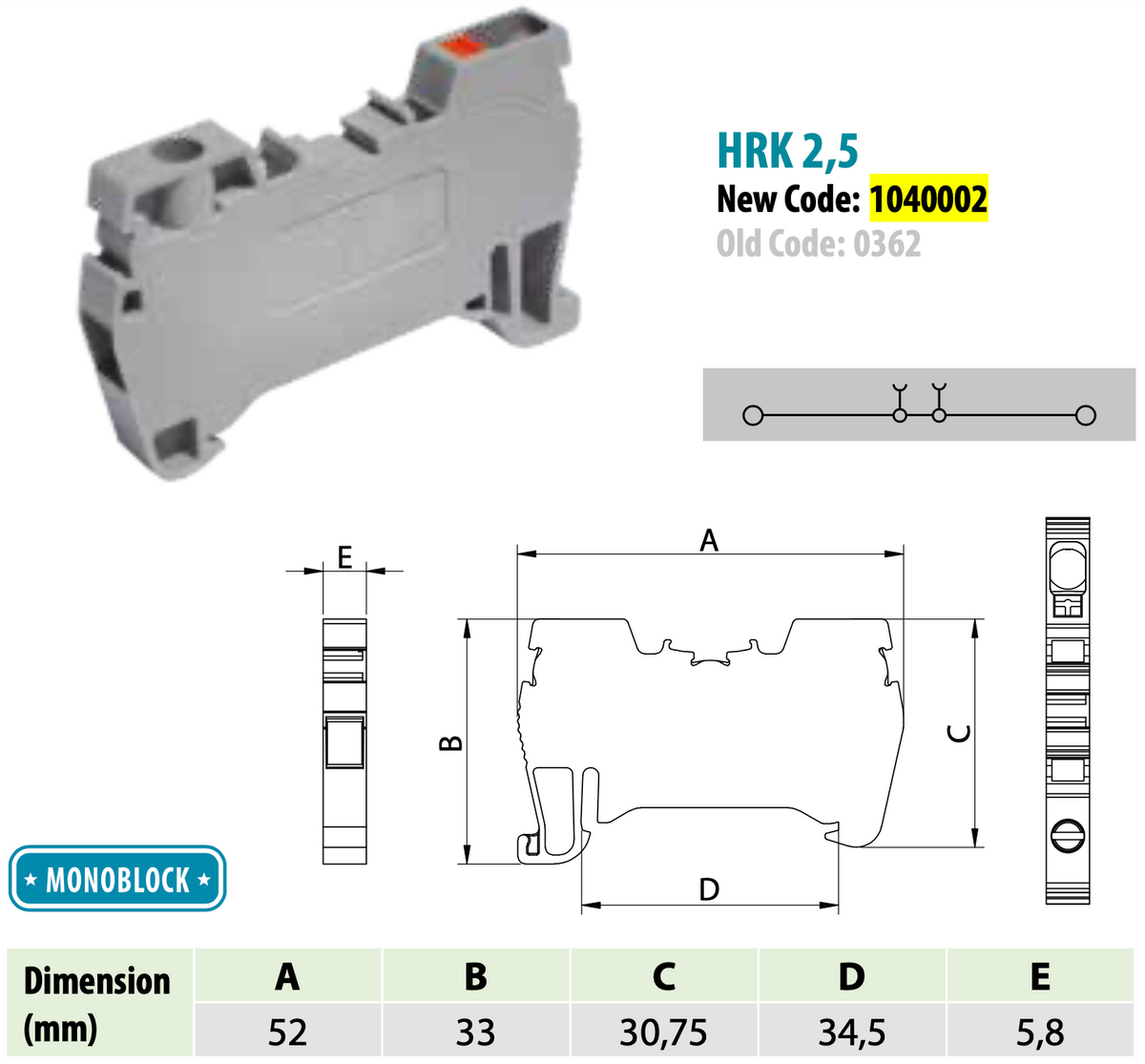 ONKA 2.5mm2 Hybrid screw / spring terminal block DIN rail 2-wire gray, 1040002