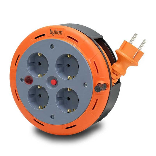 Compact cassette reel extension cord, 5m cable with 4 sockets IP20 + thermal fuse + child safety fuse, 3x1mm2, French type (pin), PHE-05310-E