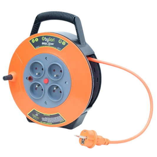 Compact cable reel/drum, 10 m cable with 4 IP20 sockets + thermal fuse
