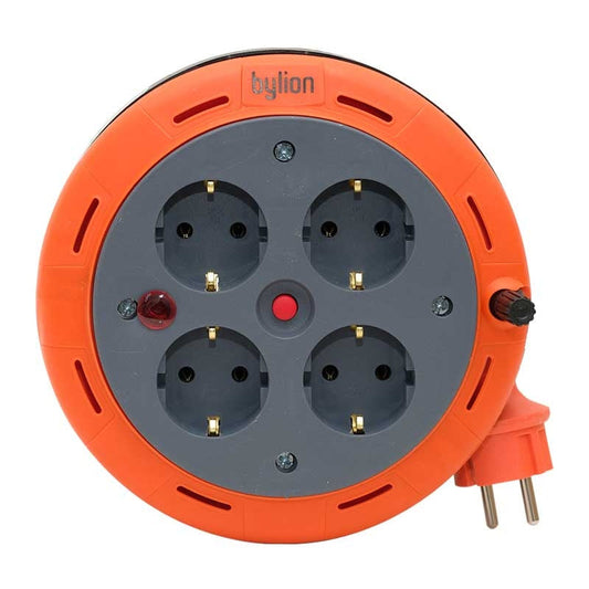 Compact cassette reel extension cord, 5m cable with 4 sockets IP20 + thermal fuse + child safety fuse, 3x1mm2, SCHUKO type grounding, PHE-05310-F