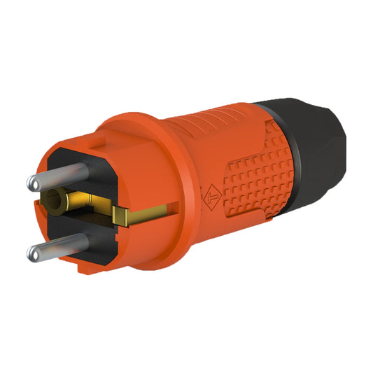 Orange rubber plug IP54, for cable, double grounding, 2P+Z, REF-O, 16 A 250 V, manufacturer Bylion